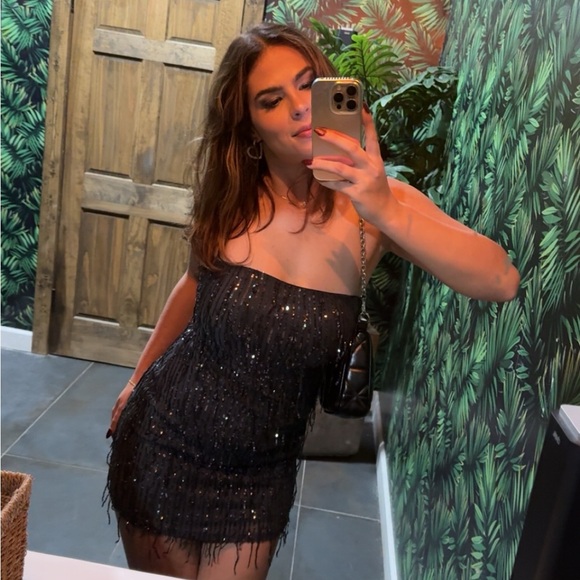 Sequin Fringe Charcoal Strapless Mini Dress (Size S) - Picture 11 of 16